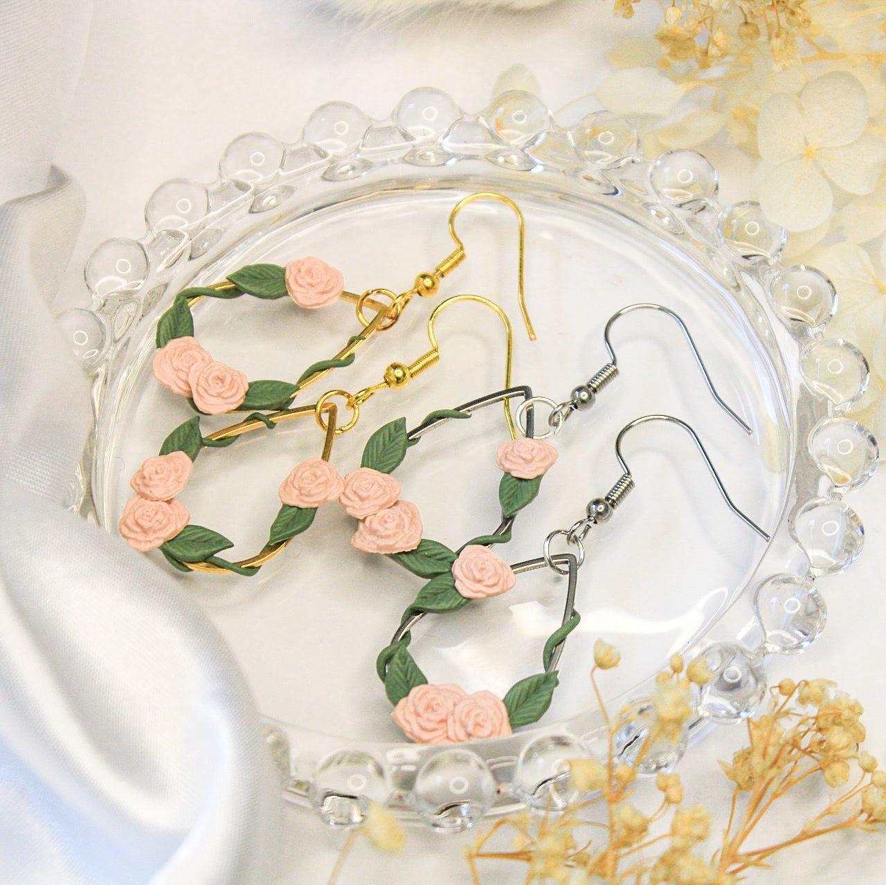 Pink Rose Earrings NZ | Handmade flower earrings for sensitive ears