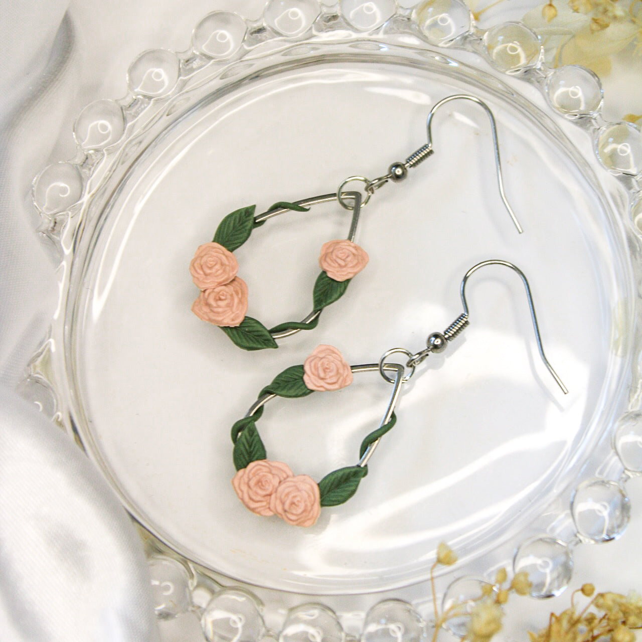 Silver pink Rose Earrings NZ | Handmade flower earrings for sensitive ears