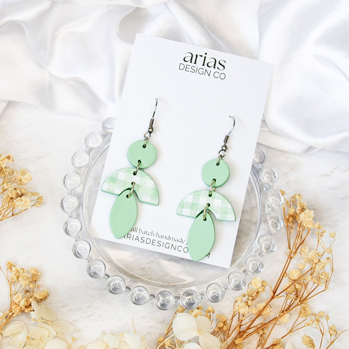 Sage Gingham Dangle Earrings