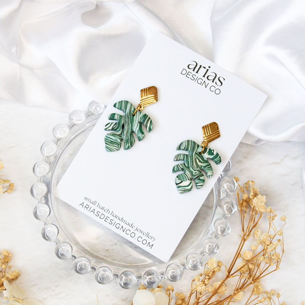 Gold Variegated Monstera Earrings